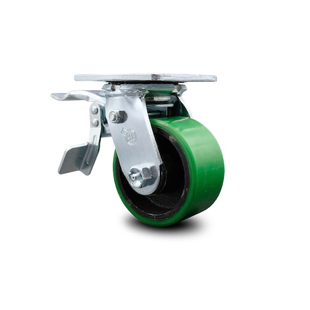 Service Caster 4 Inch Green Poly on Cast Iron Caster with Roller Bearing and Total Lock Brake SCC-TTL30S420-PUR-GB